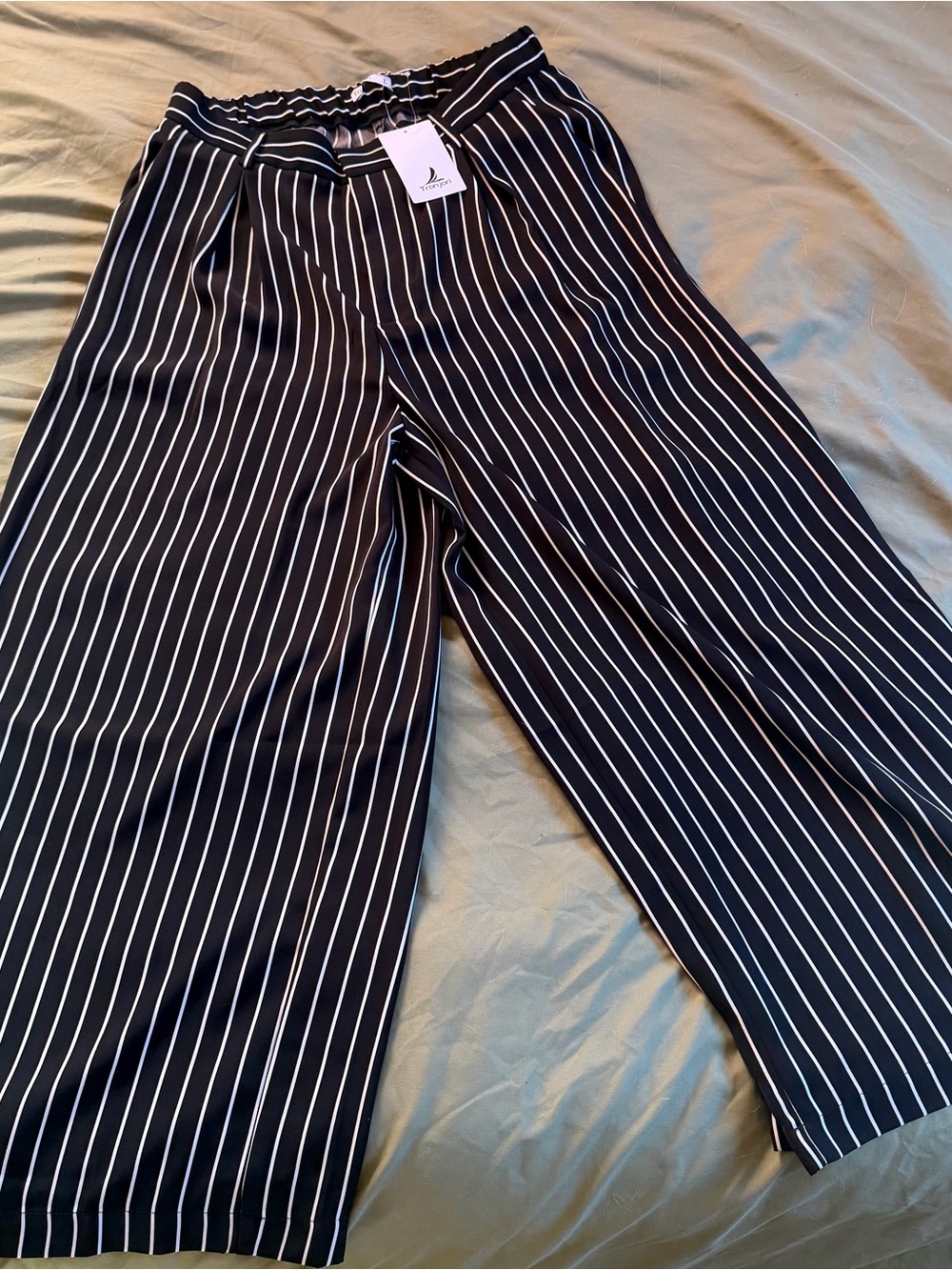 Tronjori Wide-Leg Pinstripe Trousers in Black & White